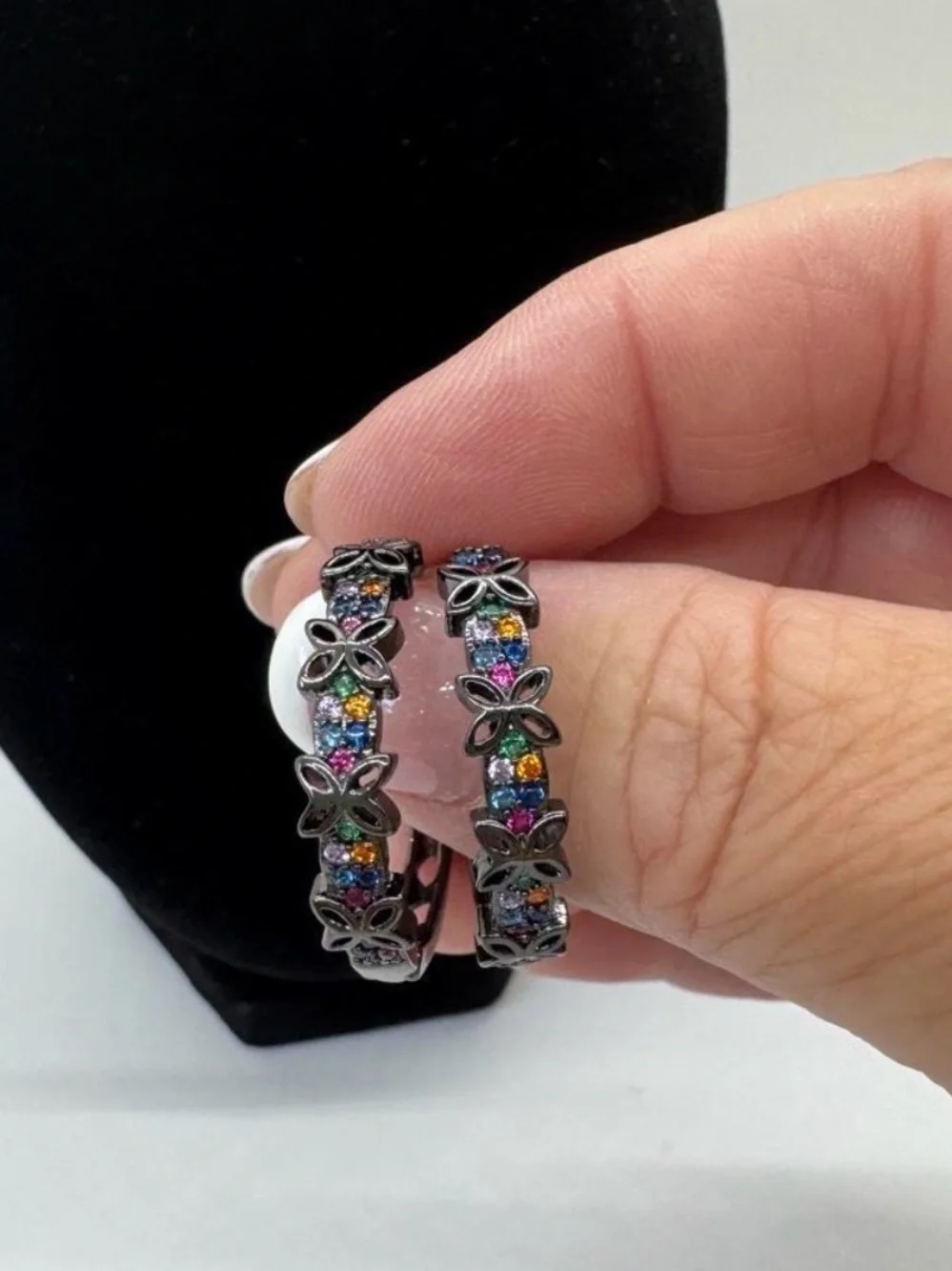 Multicolor Rhinestone Butterfly Hoop Earrings Gunmetal Black Statement Jewelry